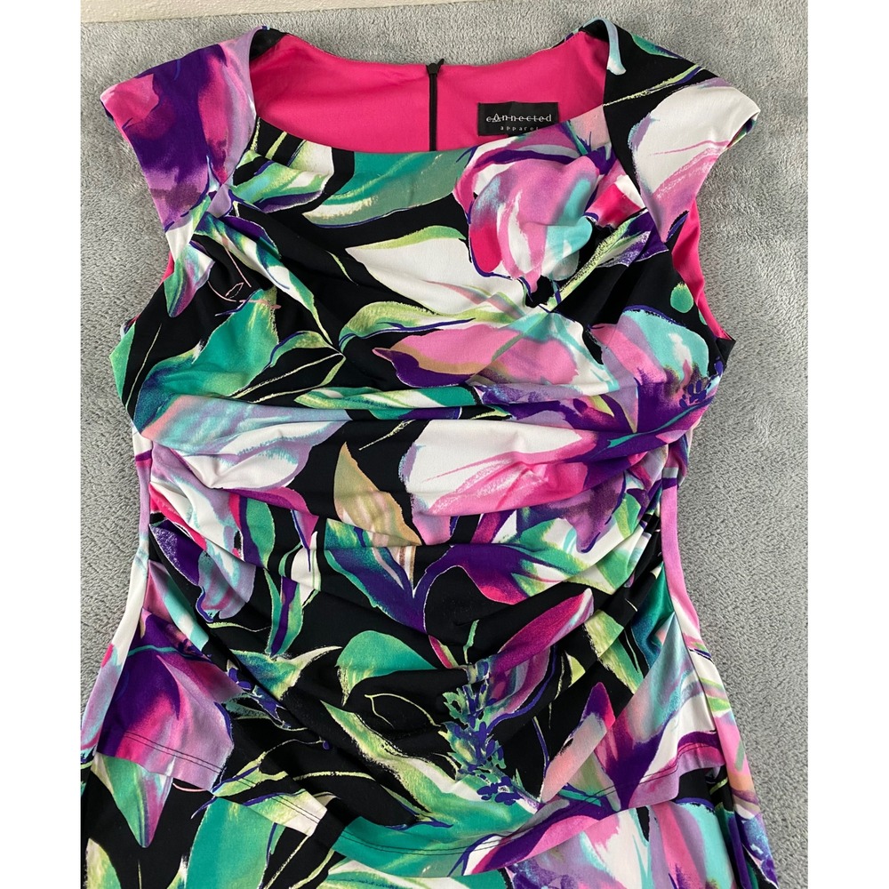 Connected Apparel Floral Ruched Sheath Dress Purple Pink Green Womens 12 Cap Slv - Picture 2 of 13